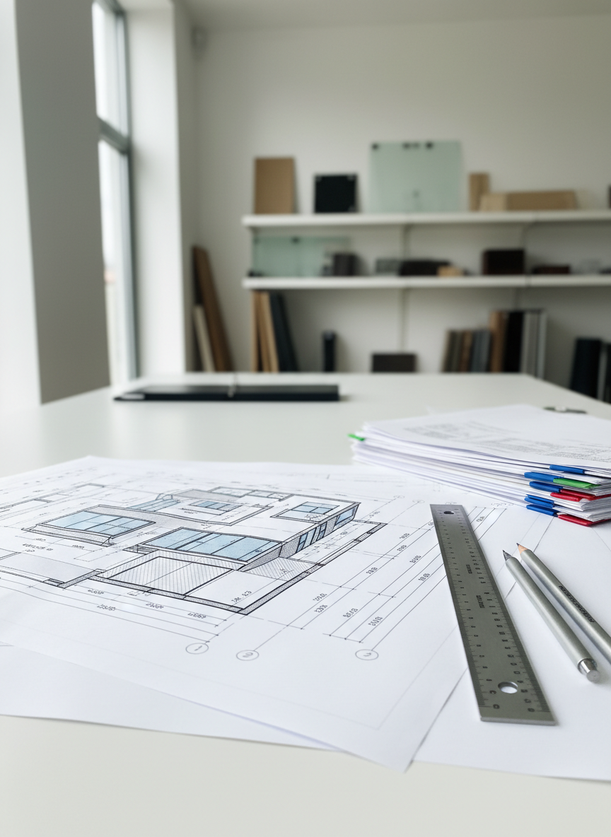 A meticulously detailed architectural blueprint spread across a large matte-white drafting table, featuring crisp black structural lines, precise room dimensions, and shaded elevation details of a modern two-story home. Beside it rests a sleek brushed-aluminum scale ruler, sharpened graphite mechanical pencils, and neatly stacked engineering documents with subtle color-coded tabs. The scene is set in a bright, contemporary studio with clean white walls and faintly blurred shelving of material samples in the background. Soft, diffused daylight from a high side window casts gentle, accurate shadows, highlighting the paper’s slight texture. Photographic realism, eye-level composition with a slight diagonal angle, sharp focus on the drawings and shallow depth of field toward the background, creating a calm, professional, highly organized atmosphere ideal for an engineering and architectural design services homepage.