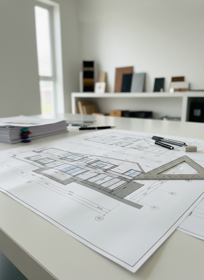 A meticulously detailed architectural blueprint spread across a large matte-white drafting table, featuring crisp black structural lines, precise room dimensions, and shaded elevation details of a modern two-story home. Beside it rests a sleek brushed-aluminum scale ruler, sharpened graphite mechanical pencils, and neatly stacked engineering documents with subtle color-coded tabs. The scene is set in a bright, contemporary studio with clean white walls and faintly blurred shelving of material samples in the background. Soft, diffused daylight from a high side window casts gentle, accurate shadows, highlighting the paper’s slight texture. Photographic realism, eye-level composition with a slight diagonal angle, sharp focus on the drawings and shallow depth of field toward the background, creating a calm, professional, highly organized atmosphere ideal for an engineering and architectural design services homepage.