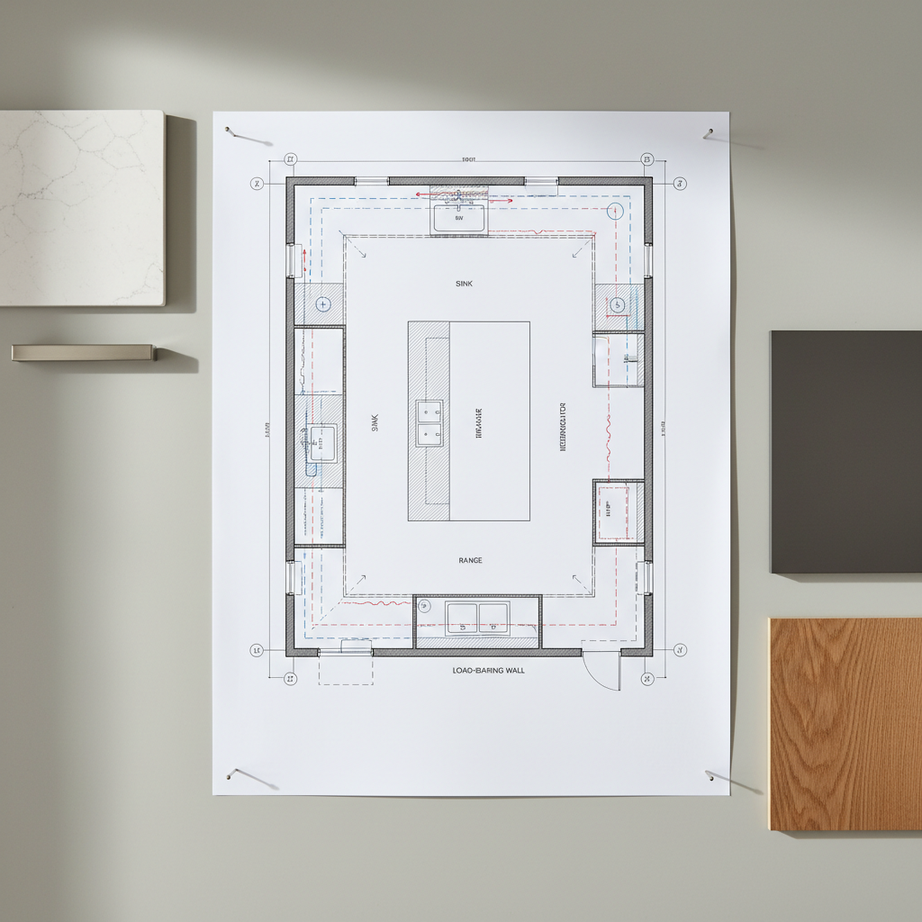 A clean, photographic visualization of a kitchen renovation concept, showing an overhead architectural layout of cabinets, island, and structural walls integrated with engineering annotations. The view is a precise top-down perspective of a large-format printed plan pinned flat on a smooth light-gray table. Fine-line symbols indicate plumbing, electrical circuits, and load-bearing elements, with subtle blue and red highlights differentiating systems. Along the plan’s edges lie neatly arranged material samples: a square of white quartz countertop with faint veining, a brushed stainless steel handle, a fragment of warm oak flooring, and a matte charcoal cabinet front. Soft, indirect daylight from a nearby window creates delicate shadows from the samples, emphasizing their thickness and textures. The mood is orderly, methodical, and optimistic, reflecting professional collaboration between homeowners and contractors in the design phase.