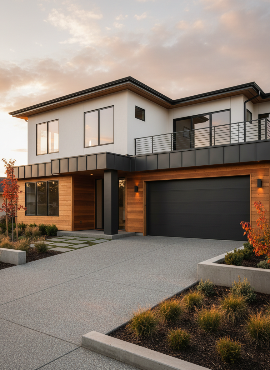 A highly realistic 3D render of a contemporary residential exterior, showing a balanced mix of smooth white stucco, warm horizontal cedar cladding, and dark charcoal metal accents. Large energy-efficient windows reflect a softly clouded sky, while a precisely detailed concrete driveway leads to an integrated double garage with a minimalist panel door. The home is surrounded by neatly manicured native landscaping, low retaining walls, and cleanly edged pathways. Captured at golden hour with warm natural light grazing across the façade, subtle shadows emphasize depth and structural clarity. The composition uses a slightly low, three-quarter angle to reveal both front and side elevations, with sharp focus throughout. The mood is aspirational yet attainable, conveying professional, trustworthy residential architectural and engineering design expertise for homeowners and contractors.