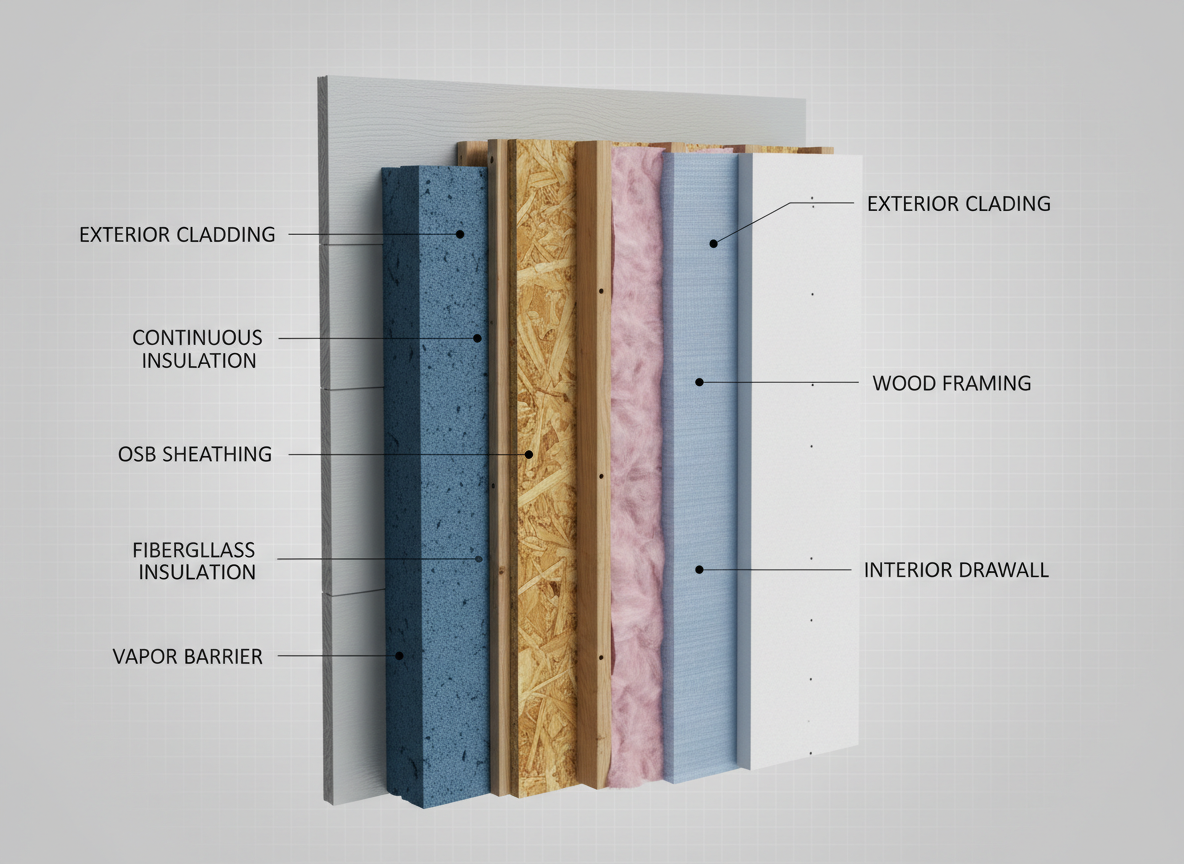 A cross-sectional cutaway visualization of a residential building wall assembly rendered in photographic realism, showing exterior cladding, continuous insulation, structural framing, vapor barrier, sheathing, and interior drywall in precisely layered detail. Each material has distinct textures: smooth painted siding, fibrous insulation batts, oriented strand board with visible flakes, and crisp gypsum board edges. The section floats against a softly lit, neutral gray studio background, with a faint grid pattern subtly suggesting scale. Soft, even studio lighting highlights each layer’s thickness without harsh shadows. The composition is centered and slightly angled to reveal depth, with razor-sharp focus on material interfaces. The mood is technical yet approachable, emphasizing engineering rigor and building science expertise for contractors and detail-focused homeowners seeking high-performance design solutions.