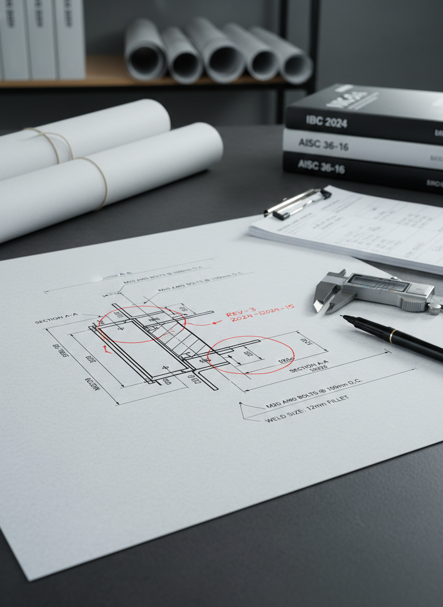 A precise structural engineering drawing of a steel beam and column connection printed on crisp, heavyweight white paper, laid out on a dark graphite-toned drafting surface. The drawing includes clearly dimensioned bolt patterns, weld symbols, section cuts, and callouts, all in sharp black linework with occasional red revision clouds. A polished stainless-steel caliper, fine-tipped technical pen, and a small stack of neatly clipped calculation sheets sit nearby, reinforcing the engineering rigor. The background softly reveals blurred shelves with neatly stored rolled plans and code manuals. Cool, even overhead studio lighting produces minimal glare and clean, controlled shadows. Shot from a close, slightly oblique angle with sharp focus on the connection detail, the photographic realism composition conveys precision, safety, and reliability for contractors and design professionals working on structural solutions.