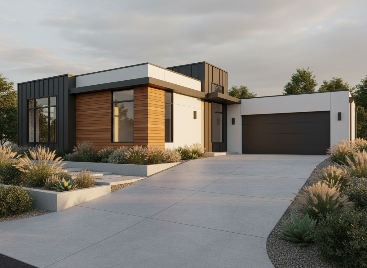 A highly realistic 3D render of a contemporary residential exterior, showing a balanced mix of smooth white stucco, warm horizontal cedar cladding, and dark charcoal metal accents. Large energy-efficient windows reflect a softly clouded sky, while a precisely detailed concrete driveway leads to an integrated double garage with a minimalist panel door. The home is surrounded by neatly manicured native landscaping, low retaining walls, and cleanly edged pathways. Captured at golden hour with warm natural light grazing across the façade, subtle shadows emphasize depth and structural clarity. The composition uses a slightly low, three-quarter angle to reveal both front and side elevations, with sharp focus throughout. The mood is aspirational yet attainable, conveying professional, trustworthy residential architectural and engineering design expertise for homeowners and contractors.